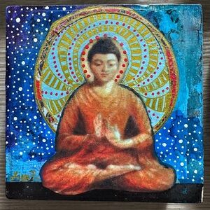 Buddha on canvas mixed media one of a kind wall art 4” x 4”
